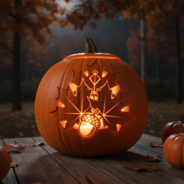 Carved pumpkin glowing at night: a pile of autumn maple leaves and an acorn