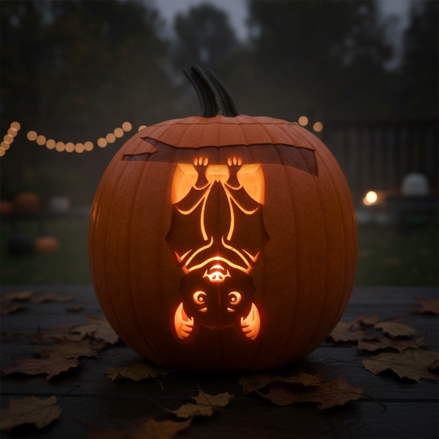 Carved pumpkin glowing at night: a cute baby bat hanging upside down from a branch
