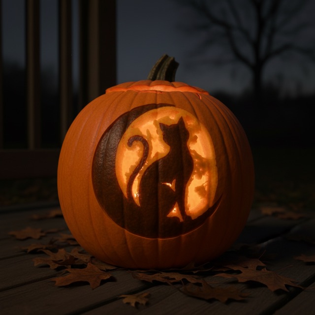 Glowing carved pumpkin preview: an arched black cat on a crescent moon