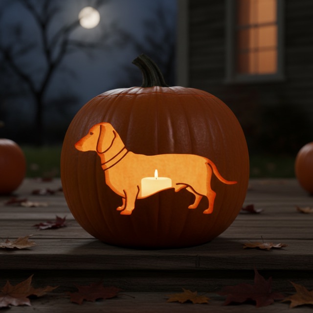Carved pumpkin glowing at night: my dachshund