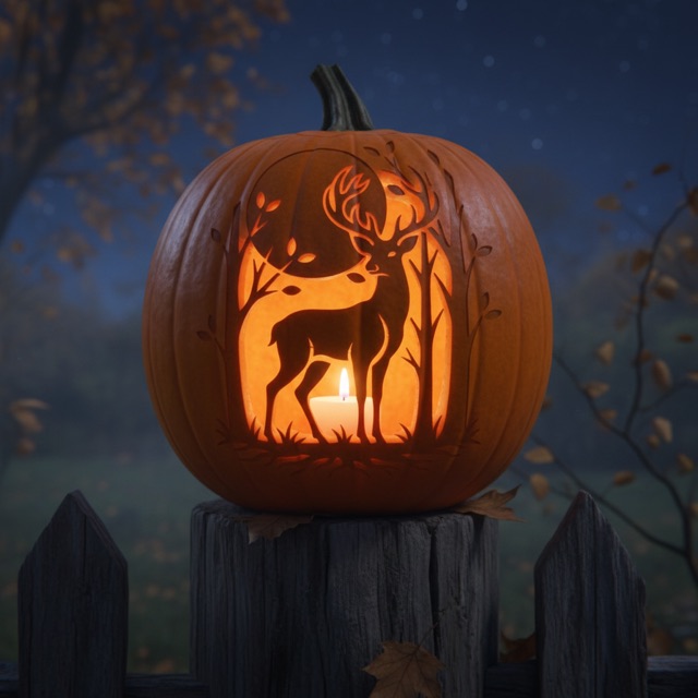 Carved pumpkin glowing at night: a deer with antlers standing in a moonlit forest
