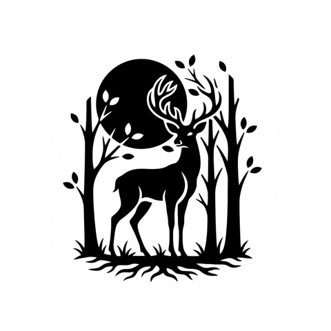 AI pumpkin carving stencil: a deer with antlers standing in a moonlit forest