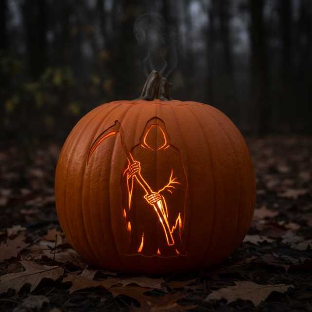 Carved pumpkin glowing at night: a hooded grim reaper holding a scythe