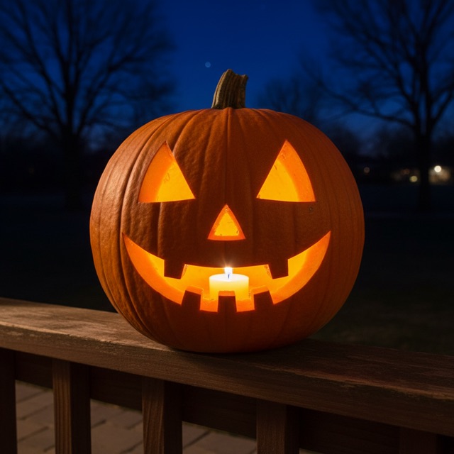 Carved pumpkin glowing at night: a classic friendly jack-o’-lantern face with a big toothy smile