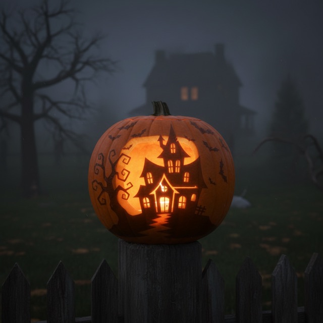 Glowing carved pumpkin preview: a haunted house on a hill with bats