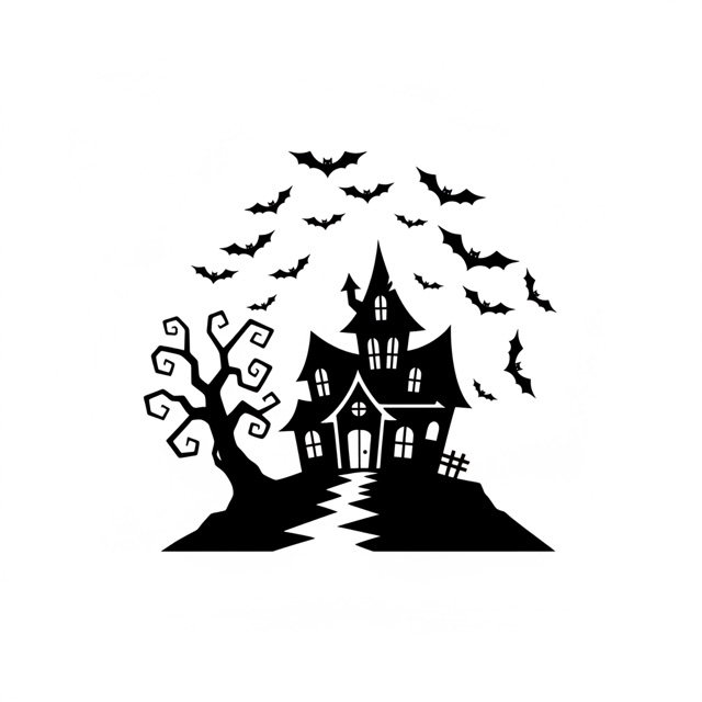 AI pumpkin carving stencil: a haunted house on a hill with bats