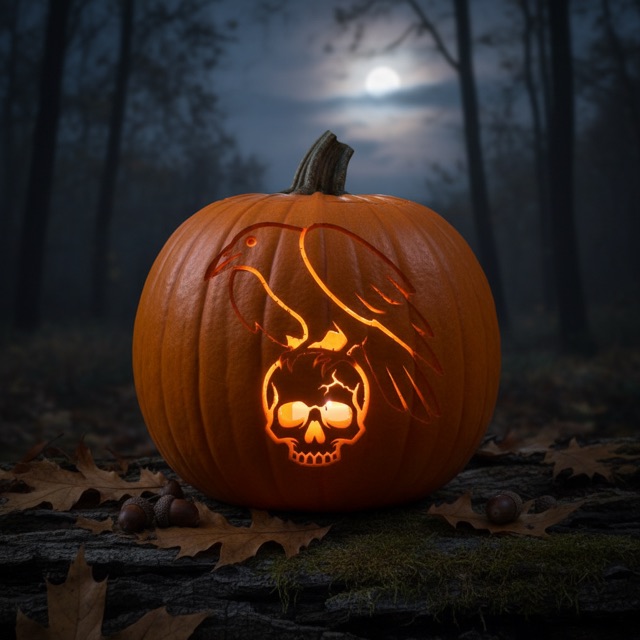 Carved pumpkin glowing at night: a raven perched on top of a skull
