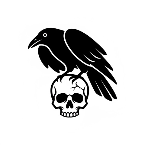 AI pumpkin carving stencil: a raven perched on top of a skull