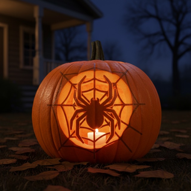 Carved pumpkin glowing at night: a big spider hanging from its web