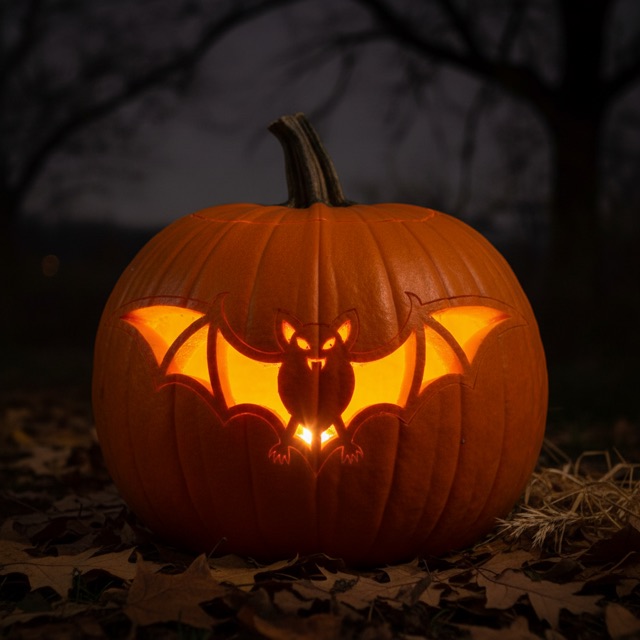Carved pumpkin glowing at night: a vampire bat with spread wings and tiny fangs