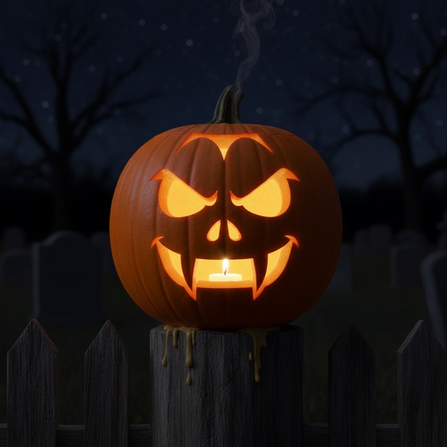 Carved pumpkin glowing at night: a vampire jack-o’-lantern face with fangs and angry eyebrows