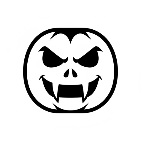 AI pumpkin carving stencil: a vampire jack-o’-lantern face with fangs and angry eyebrows