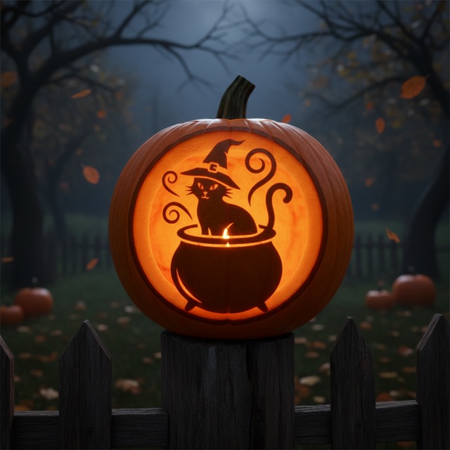 Carved pumpkin glowing at night: a cat wearing a witch hat sitting in a cauldron