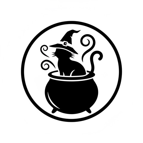 AI pumpkin carving stencil: a cat wearing a witch hat sitting in a cauldron