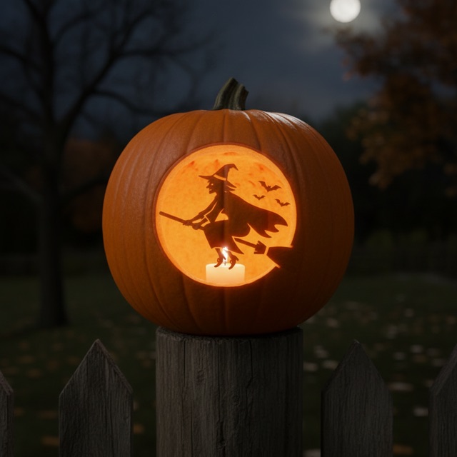 Glowing carved pumpkin preview: a witch on a broomstick across the moon