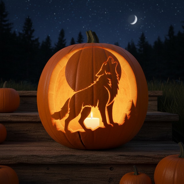 Glowing carved pumpkin preview: a howling wolf in front of a full moon