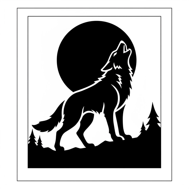 AI pumpkin carving stencil: a howling wolf in front of a full moon