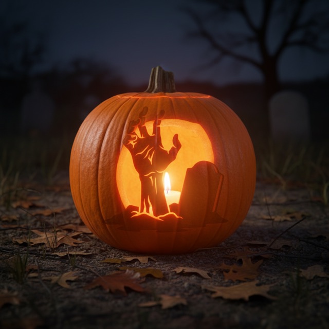 Carved pumpkin glowing at night: a zombie hand rising from a grave next to a tombstone
