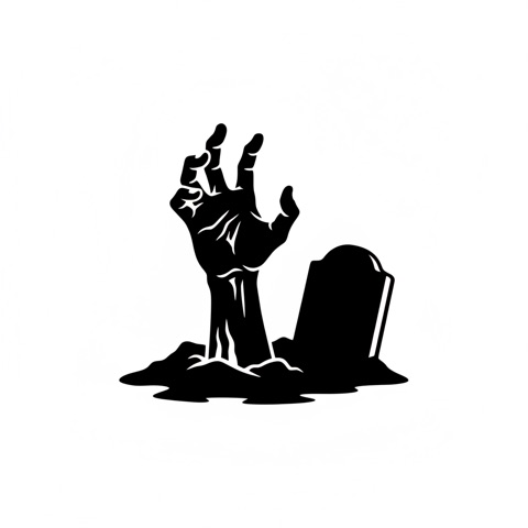 AI pumpkin carving stencil: a zombie hand rising from a grave next to a tombstone